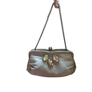 NWT Inge Christopher Clutch Taupe Swarovski Crystals Pink Lining Silver Hardware